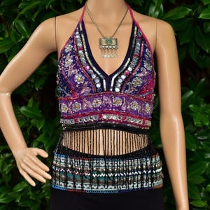 Boho Goddess-zijden top • Boho-haltertop met lovertjes • Topje voor hippiefestival