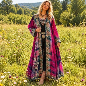 May include: A long, open-front duster coat featuring a vibrant magenta and deep blue tie-dye pattern with intricate floral embroidery along the lapels and cuffs, worn over a black top and black pants with a metallic waist belt.