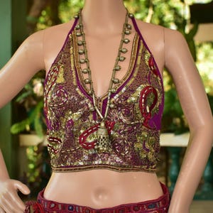 Pink and Gold Boho Sequinned Chiffon Party Top • Boho Sequinned Halter Top • Hippy Festival Top