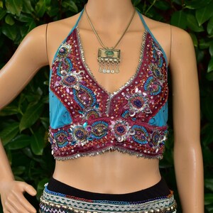 Bohemian Goddess Sari Silk Top • Hippy festival top • Boho sequinned halter party top • Boho Ibiza Holiday Cropped Top • Bra Top