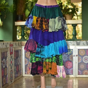 Patchwork Sari Skirt • Tiered Boho Festival Style 28"-46" Waist Adjustable
