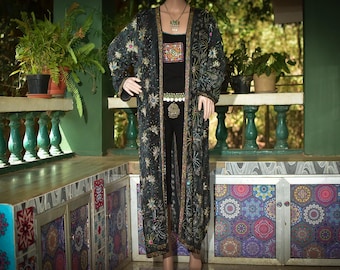 Tie Dye Silk Sari Kimono Robe • Beaded Boho Jacket