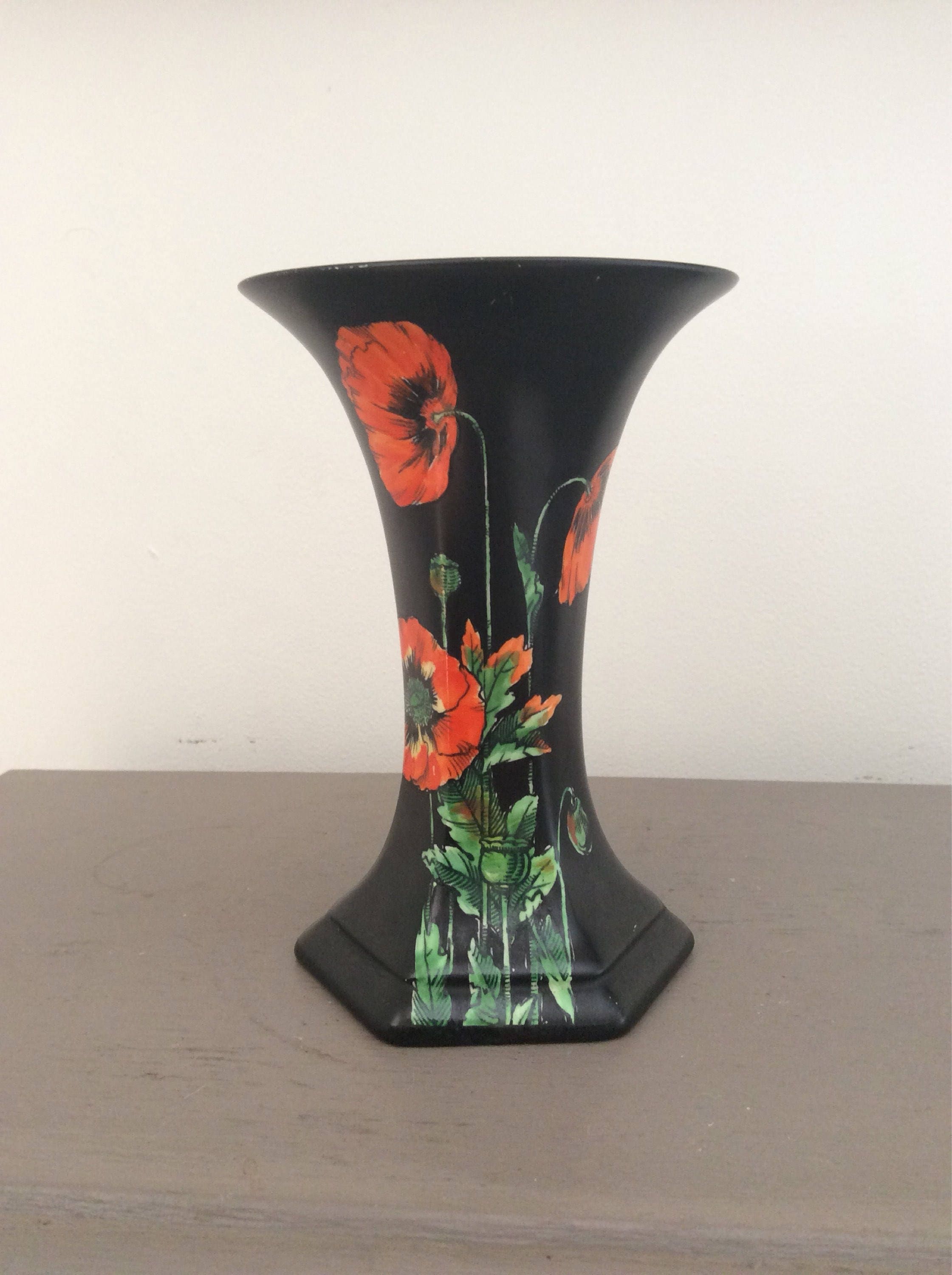 Small Crown Ducal Art Deco Black Orange Poppies Pottery Vase