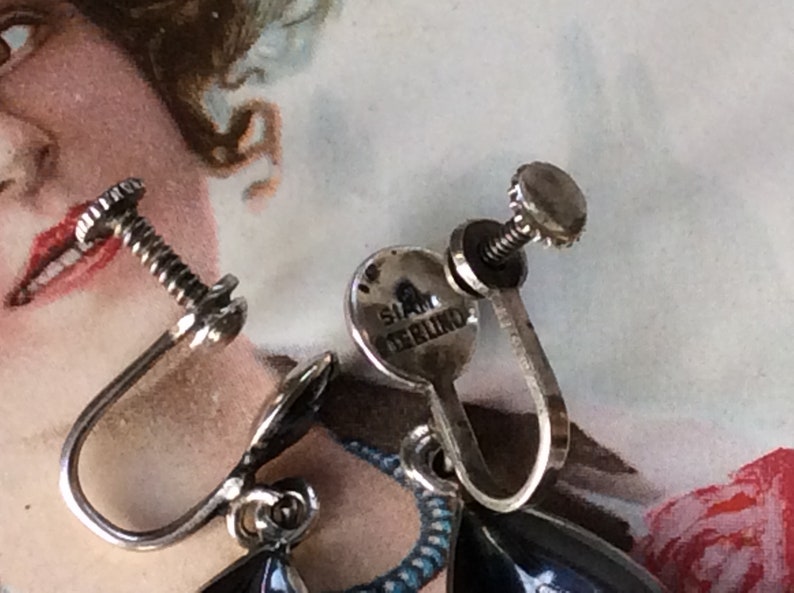 1940s Vintage Siam Thai Sterling Silver /& Black Niello Enamel Clip On Earrings.