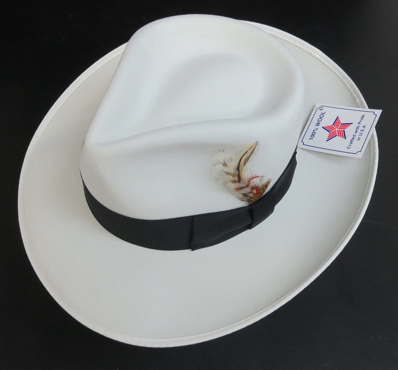 New White Fedora Zoot Hat w/ Black Band Trilby Wide Brim Made | Etsy