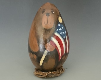 Hand Painted Patriotic Teddy Bear Gourd Art