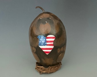 Hand Painted Patriotic Teddy Bear Gourd Art