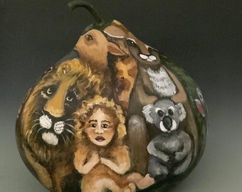 Hand Painted Child with Animals Gourd Art