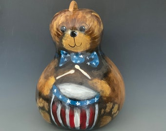 Hand Painted Patriotic Teddy Bear Gourd Art