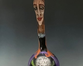 Tall Hand Painted Witch Gourd Art