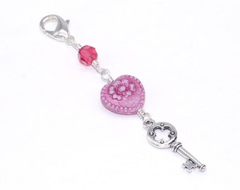 Pink Heart Zipper Pull with Crystal and Silver Key, Purse Dangle Charm, Keychain Fob, 3.9 inches long