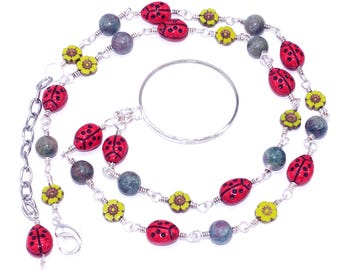 Ladybug Magnifier Necklace with Gemstones and Flower Beads, 5X Mag, 30.5 to 33.5 inches
