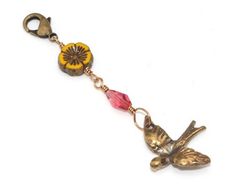 Bronze Bird Zipper Pull, Handbag Dangling Charm, Keyring Fob, 4.2 inches long