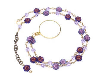 Purple Bead Magnifier Necklace, Monocle Pendant Chain with Crystals and Flowers, 5X Mag, 32 to 35 inches