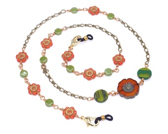 Orange Flower Eye Glass Holder, Reading Glass Chain Necklace, 33 inches