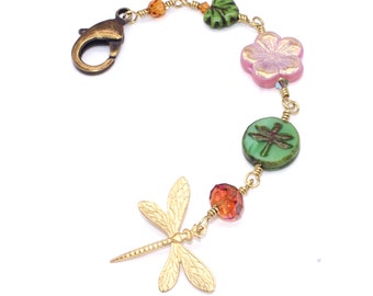 Brass Dragonfly Scissor Fob with Crystals and Hibiscus Flower, Hoodie Zipper Pull Charm, 7.8 inches long