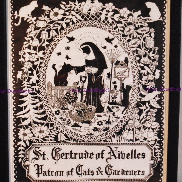 St. Gertrude van Nijvel ~ Patroonheilige van katten (en degenen die van ze houden) en tuinmannen. Een hoogwaardige ingelijste print van ©Helen Zwerdling.