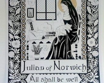 Julian of Norwich ~ patron saint of cats & contemplatives.A high quality, unframed A4 signed print of an original artwork by Helen Zwerdling