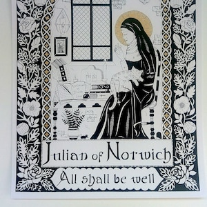 Julian of Norwich ~ patron saint of cats & contemplatives.A high quality, unframed A4 signed print of an original artwork by Helen Zwerdling