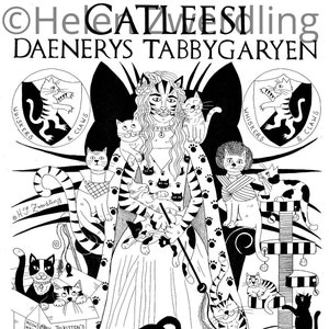 May include: A black and white illustration of a woman with long hair and a crown, surrounded by cats. The text "Mother of Cats" is at the bottom of the image, along with the text "The Unscratched Protector of Waifs and Strays Bestower of Cat Treats Slave to the Litter Tray."