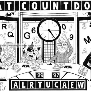Op de afbeelding: Een zwart-witte illustratie van een spelshow genaamd "Cat Countdown". Vier katten zitten aan een tafel met een klok en letters en cijfers aan de muur achter hen. De tekst "CAT COUNTDOWN" staat bovenaan de afbeelding. De tekst "99 97" staat onderaan de afbeelding. De tekst "ALRTUCAEW" staat onderaan de afbeelding.