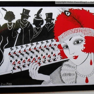 Showtime! ~ 1920s flapper. Een hoogwaardige, ingelijste A4 print van een origineel kunstwerk van ©Helen Zwerdling