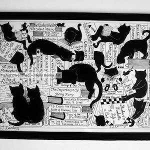 Cat Library A High Quality, framed print of an original artwork by ©Helen Zwerdling Hells Belles Art. Ideal gift for any book & cat lover image 1