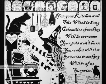 Kitchen Witch ~ Lucky Witch Cooking Spell ~ A high quality, framed A4 print of an original artwork by ©Helen Zwerdling ~ Hells Belles Art ~