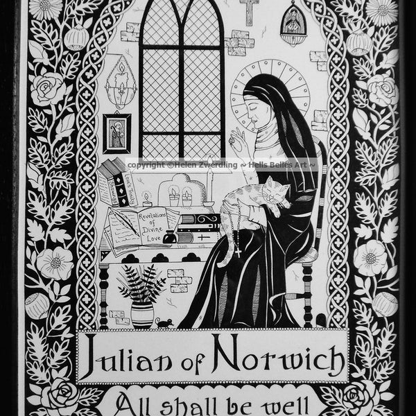 Julian of Norwich ~ Patron Saint of Cats & Contemplatives. A high quality, framed A4 print of an original artwork by ©Helen Zwerdling