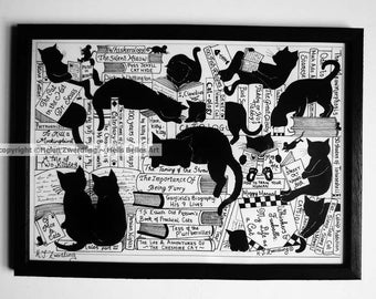 Cat Library ~ A High Quality, framed print of an original artwork by ©Helen Zwerdling ~Hells Belles Art. Ideal gift for any book & cat lover