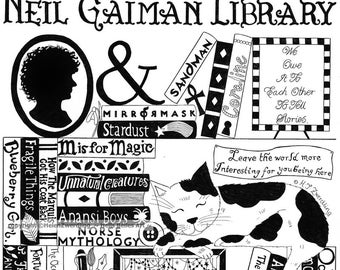 Neil Gaiman Library ~a high quality, framed A4 print of an original artwork by ©HelenZwerdling ~Hells Belles Art~ Ideal gift for Gaiman fans