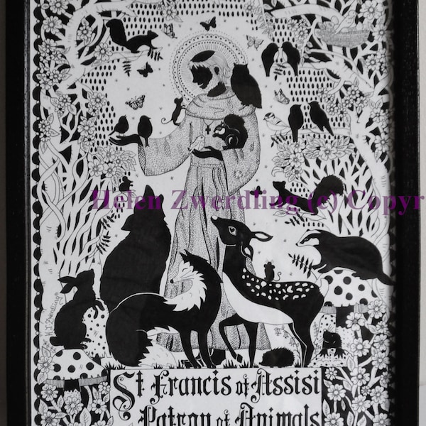 St. Franciscus van Assisi ~ Patroonheilige van de dieren, een hoogwaardige ingelijste A4-print van een origineel kunstwerk van ©Helen Zwerdling -Hells Belles Art