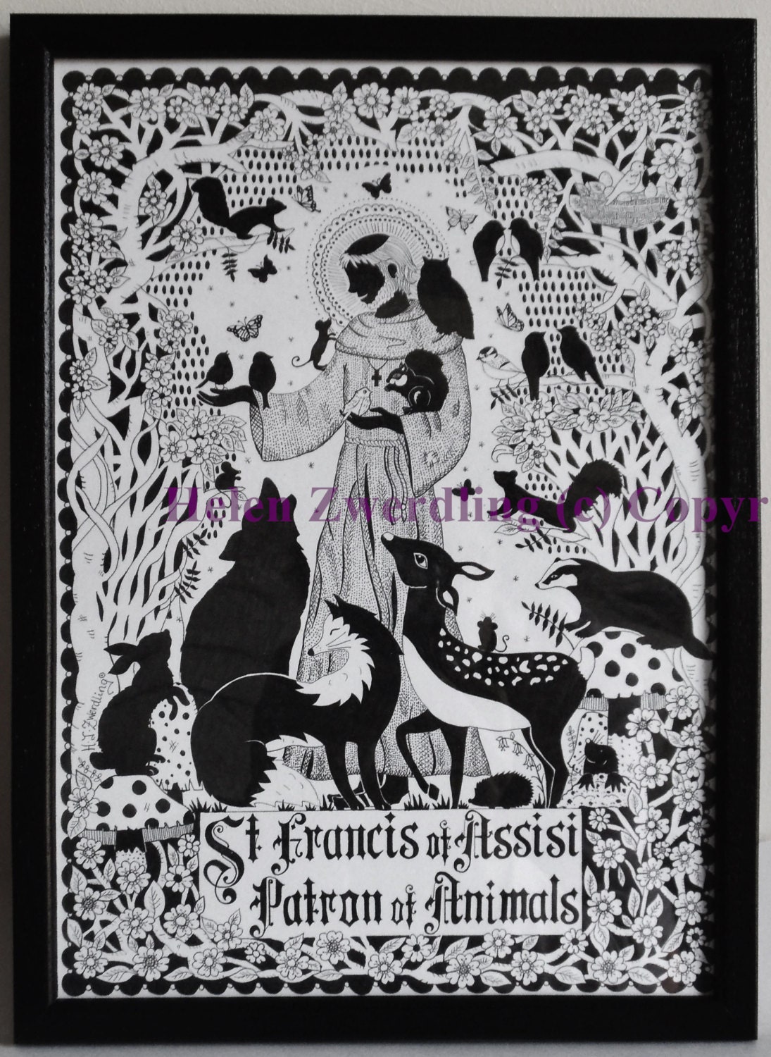 St. Francis of Assisi ~ Patron Saint of Animals, a high quality framed A4 print of an original artwork by ©Helen Zwerdling -Hells Belles Art