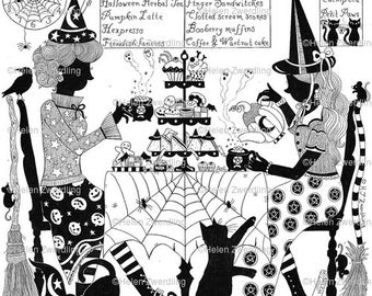 Witches' Brew Served at Two ~ a high quality, framed A4 print of an original artwork by ©Helen Zwerdling ~ ideal for any witchy tea lover!