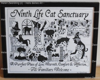 Cat Lover gift : Ninth Life Cat Sanctuary ~A high quality framed print of an original artwork by ©Helen Zwerdling. Ideal gift for cat lover.