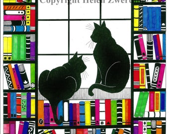 Des chats parmi les livres ~ Une impression A4 encadrée de haute qualité d'une oeuvre d'art originale de ©Helen Zwerdling. Un cadeau idéal pour tout amateur de livres ou de chats !