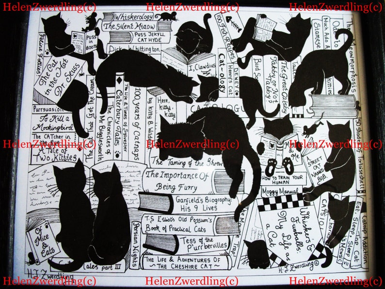 Cat Library A High Quality, framed print of an original artwork by ©Helen Zwerdling Hells Belles Art. Ideal gift for any book & cat lover image 3