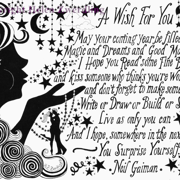 Neil Gaiman ~ illustrated 'A Wish for You' quote ~A high quality, framed A4 print of an original artwork by ©Helen Zwerdling ~HellsBellesArt