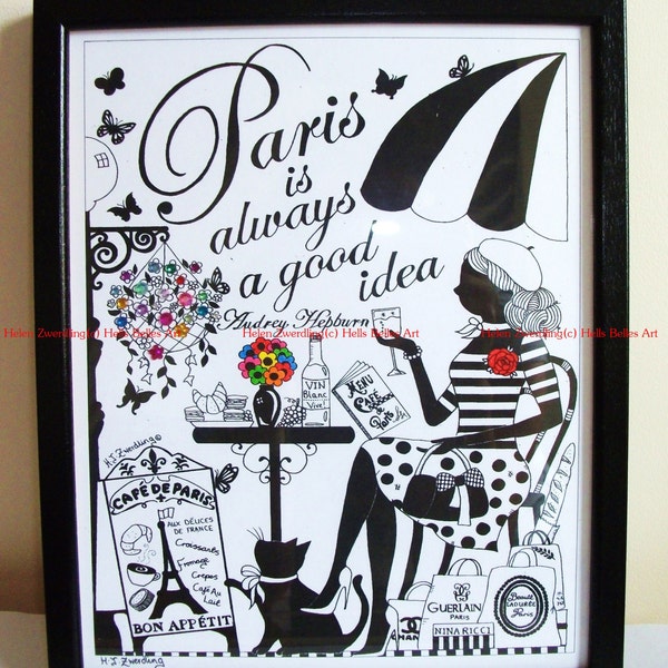 Paris is always a good idea, quote Audrey Hepburn ~ A high quality, bespoke A4 framed print of an original artwork by  ©Helen Zwerdling