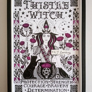 Scottish Thistle Witch ~ a high quality, framed A4 signed print of an original artwork by ©Helen Zwerdling - an ideal witchy gift