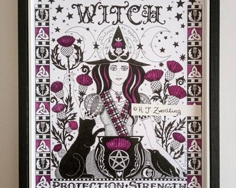 Schotse distelheks ~ een hoogwaardige, ingelijste gesigneerde A4-afdruk van een origineel kunstwerk van ©Helen Zwerdling - een ideaal heksencadeau