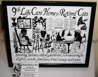 Cat lover gift : 9th Life Care Home for Retired Cats ~a high quality, framed & signed A4 print of an original artwork by ©Helen Zwerdling