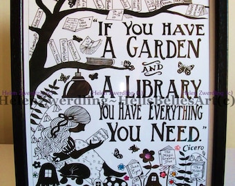 Garden Library ~ Cicero quote ~ a personalised and enhanced, high quality A4 framed print of an original artwork by ©Helen Zwerdling.