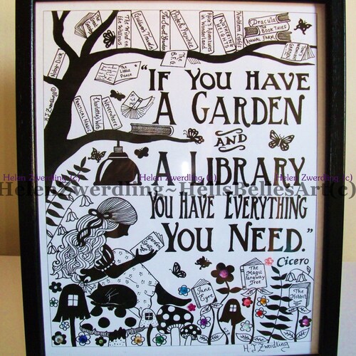 Bibliothèque de jardin ~ Citation de Cicéron ~ une impression encadrée A4 personnalisée et améliorée, de haute qualité d'une oeuvre d'art originale de ©Helen Zwerdling.