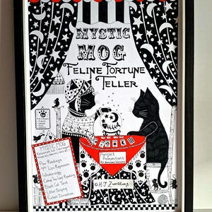 Mog mystique ~ diseuse de bonne aventure féline. Une impression A4 encadrée de haute qualité d'une oeuvre d'art originale de © Helen Zwerdling. Idéal pour tous les amoureux des chats !