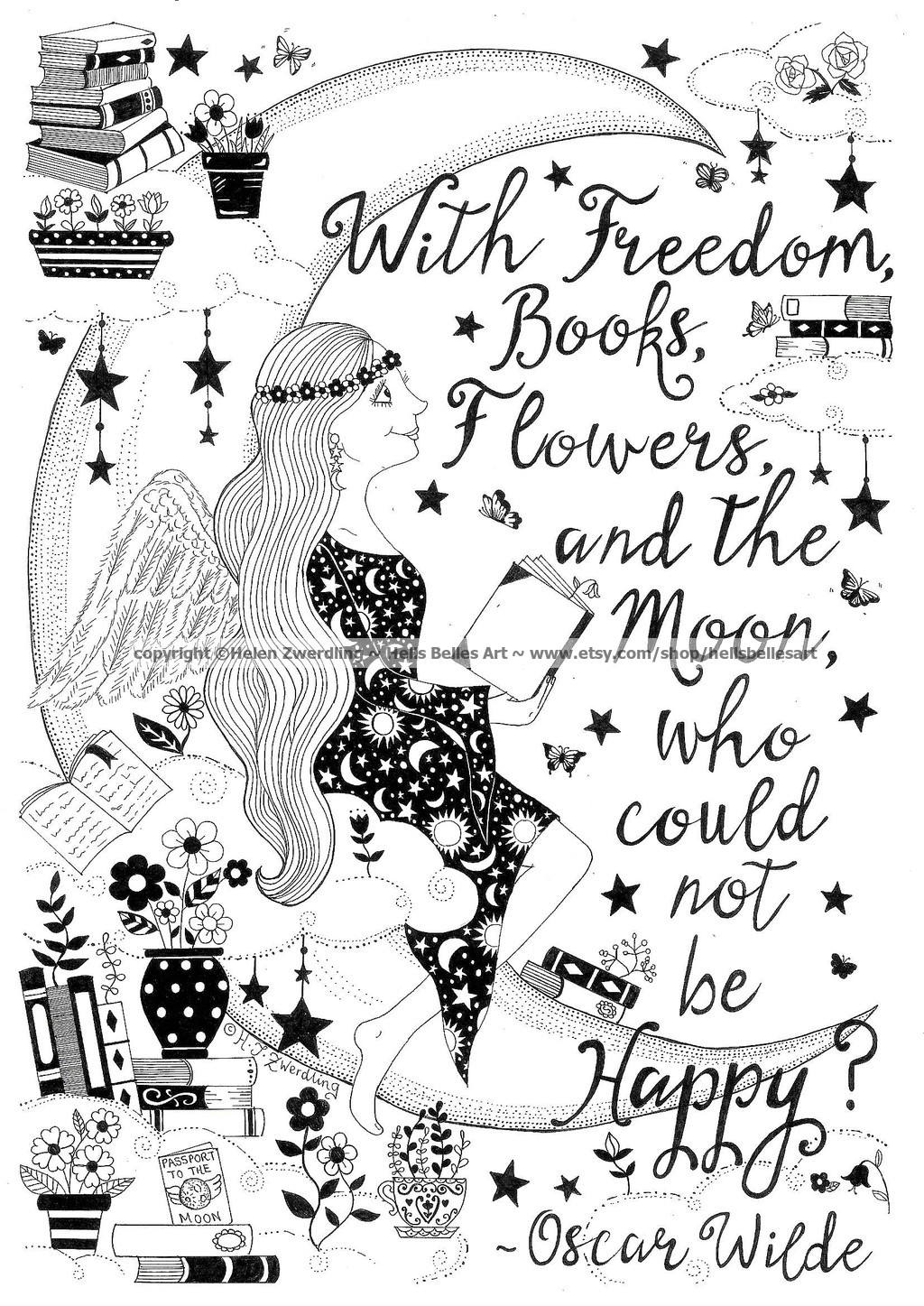 With Freedom, Books, Flowers & the Moon, who could not be Happy? A high quality framed A4 print of an original artwork by ©Helen Zwerdling