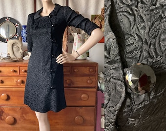 SIZE 8 / 1960s ‘Joseph Magnin’ Black Textured Jacquard Coat Dress with Faceted Glass Buttons