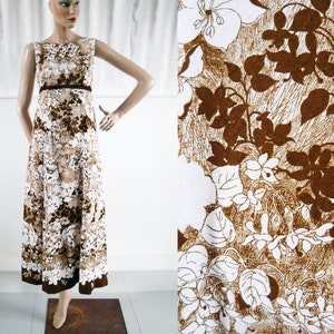 SIZE 10 / 1960s ‘Berkertex’ Chocolate & Cream Floral Empire Line Maxi Dress