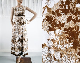 1960s ‘Berkertex’ Chocolate Brown Floral Empire Line Maxi Dress / 60s Day Dress / Vintage Maxi Dress / SIZE UK 10