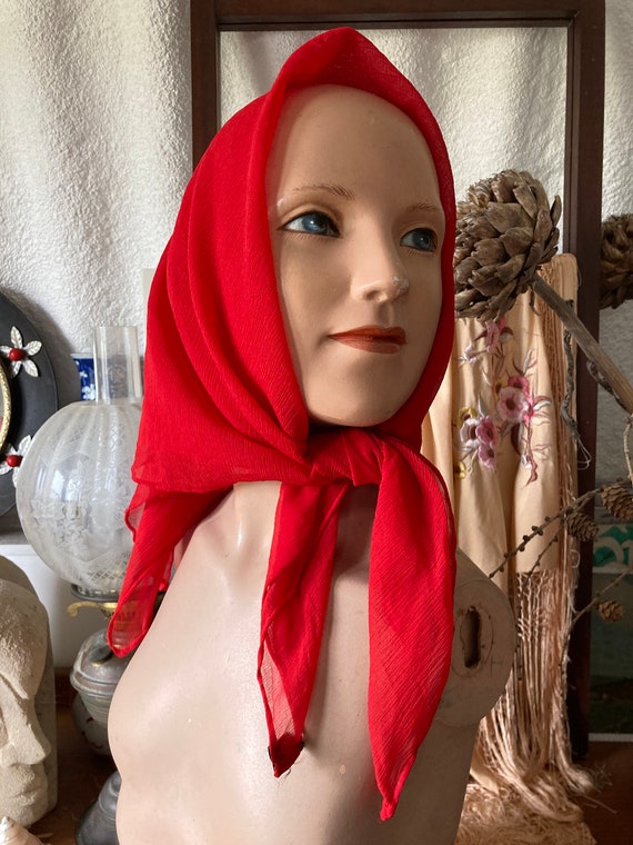 1950s Lipstick Red Crinkle Chiffon Scarf with Han… - image 2